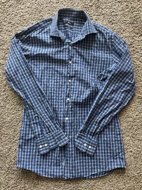Hugo Boss Men's Sharp Fit Blue Checkered Plaid Button Up Shirt Size 16 1/2 34-35